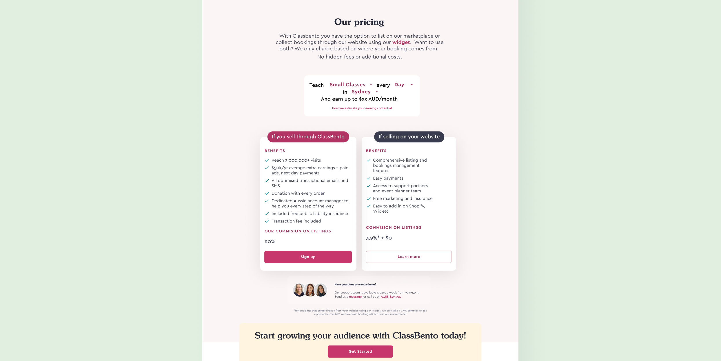 Redesigned pricing section laying out marketplace and website commissions side by side.